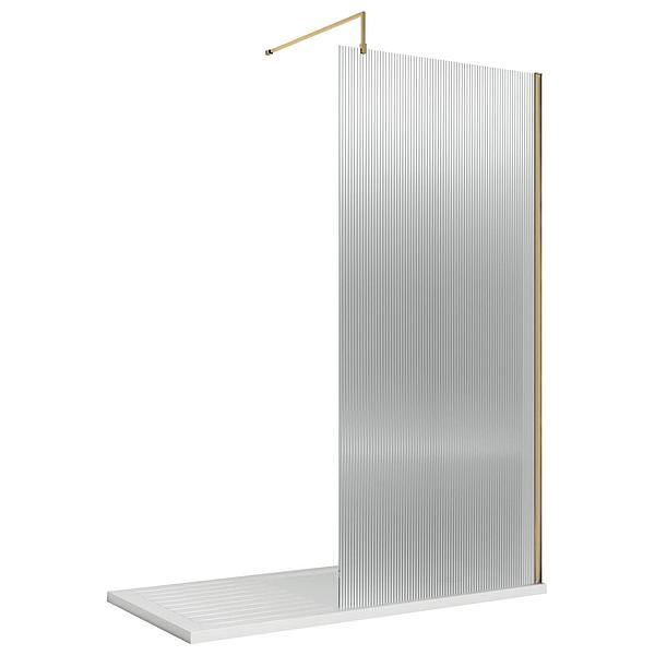 Hudson Reed fluted glass walk-in shower screen with aluminium profile and support bar for modern wetroom installation.