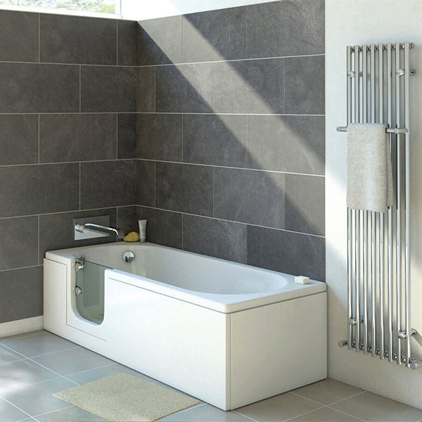White Trojan Cascade Easy Access Freestanding Walk-In Bath with slip-resistant surface, designed for safe, easy bathing.