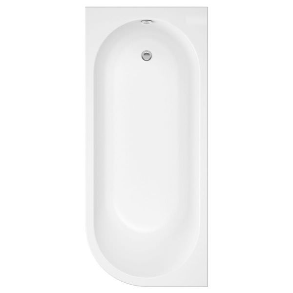 White Trojan Asymmetric Corner Back To Wall Encapsulated Bath, single-ended, J-shape design with a sleek, modern finish.