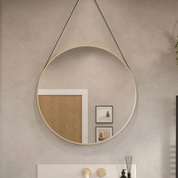Aqua Edition Halo Round Illuminated LED Mirror with Black Leather Strap and Knob
