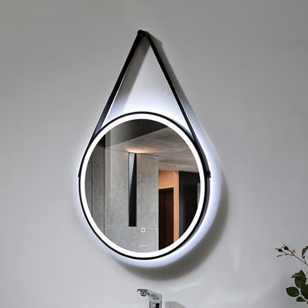 Aqua Edition Halo Round Illuminated LED Mirror with Black Leather Strap and Knob - Tuskan Tiles