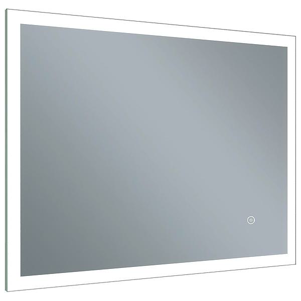 Rectangular LED mirror with border lighting, demister pad, and shaver socket by Tuskan Tiles, shown with illuminated border and reflective surface.