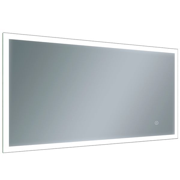 Rectangular LED mirror with border lighting, demister pad, and shaver socket from Tuskan Tiles, designed for modern bathrooms.