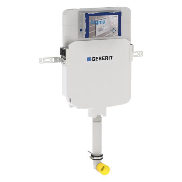White Geberit Sigma UP720 dual flush concealed cistern, 3 and 5.8 liters, with dimensions 410x80x625mm, shown in image.