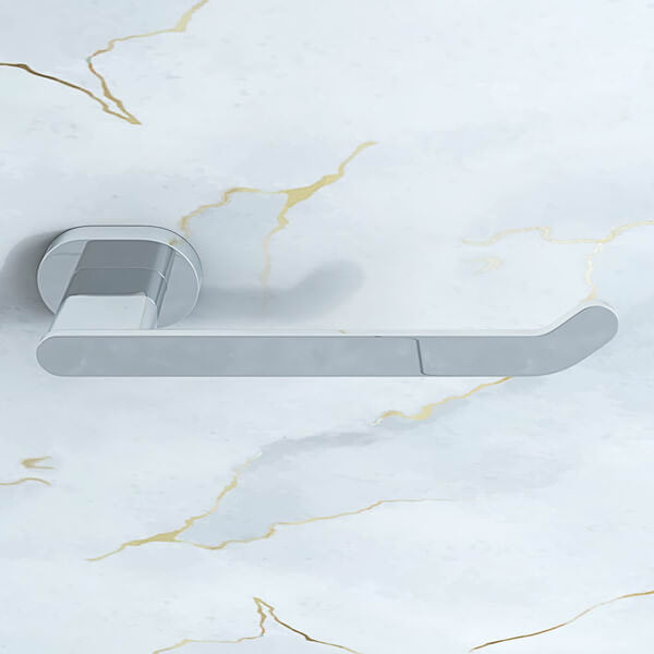 Wall-mounted chrome toilet paper holder by Vado, contemporary single arm design for modern bathrooms.