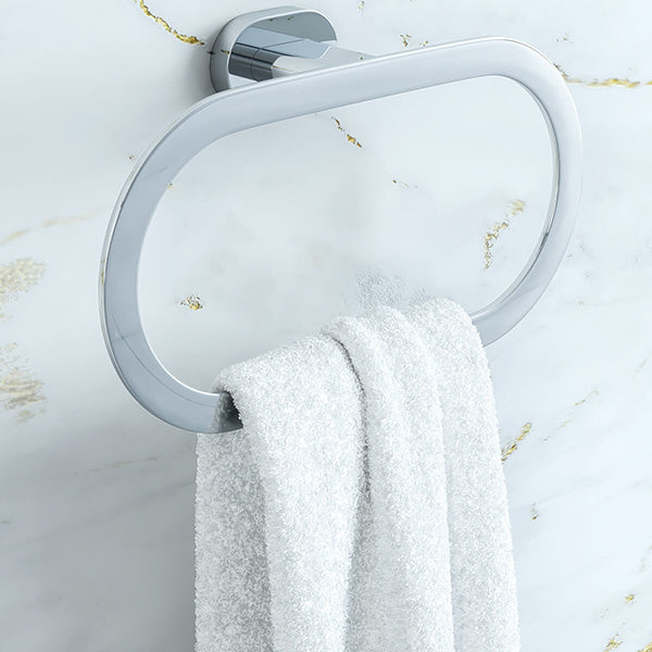 Chrome Vado Life wall-mounted towel ring by Tuskan Tiles, shown mounted on bathroom wall with sleek, modern design.