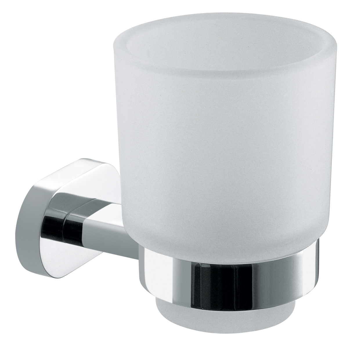 Frosted glass tumbler with chrome holder from Vado Life collection, designed for elegant bathroom or vanity use.