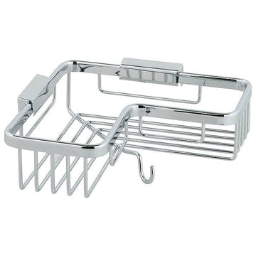 Chrome wall-mounted L-shaped corner shower basket with hanging hook, designed for bathroom storage by Tuskan Tiles.