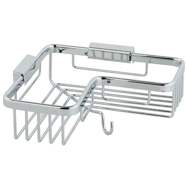 Chrome wall-mounted L-shaped corner shower basket with hanging hook, designed for bathroom storage by Tuskan Tiles.
