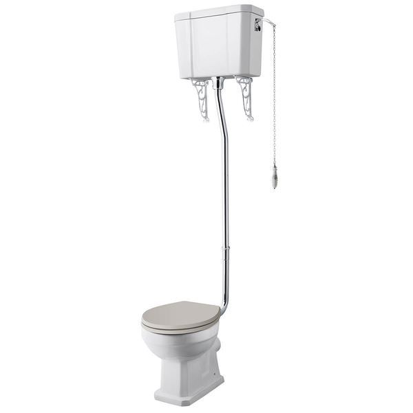 Hudson Reed Richmond high level WC pan with cistern and flush pipe kit, open back, 465mm wide, designed for bathroom installation.