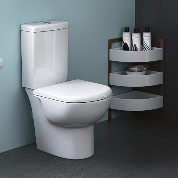 White Nuie Provost compact close coupled WC pan with open back and cistern, 360 x 610mm, installed with fittings.