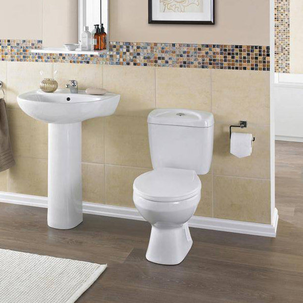 Nuie Melbourne white close coupled toilet with seat and cistern, open back design, 382 x 635mm, by Tuskan Tiles.