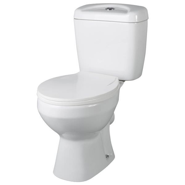 Nuie Melbourne white close-coupled toilet with seat and cistern, open back, measuring 382x635mm, for modern bathroom fixtures.