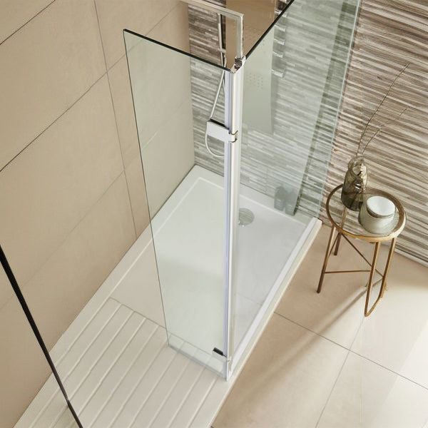 Nuie frameless wetroom hinged return panel by Tuskan Tiles, 300 x 1850mm, aluminium profile, reversible shower screen.