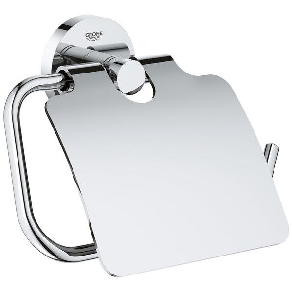 Chrome Grohe Essentials C-shaped toilet roll holder with cover, mounted in a modern bathroom setting