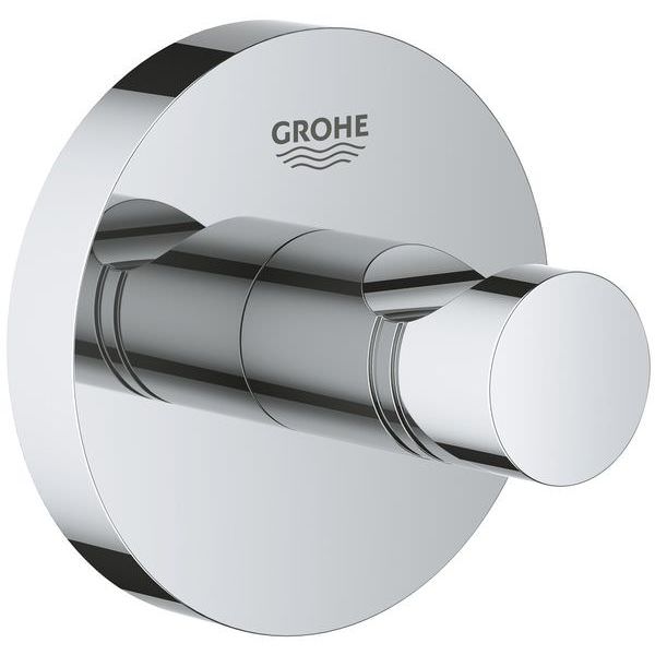 Chrome Grohe Essentials wall or door hook for towels and robes, mounted on a sleek bathroom wall.