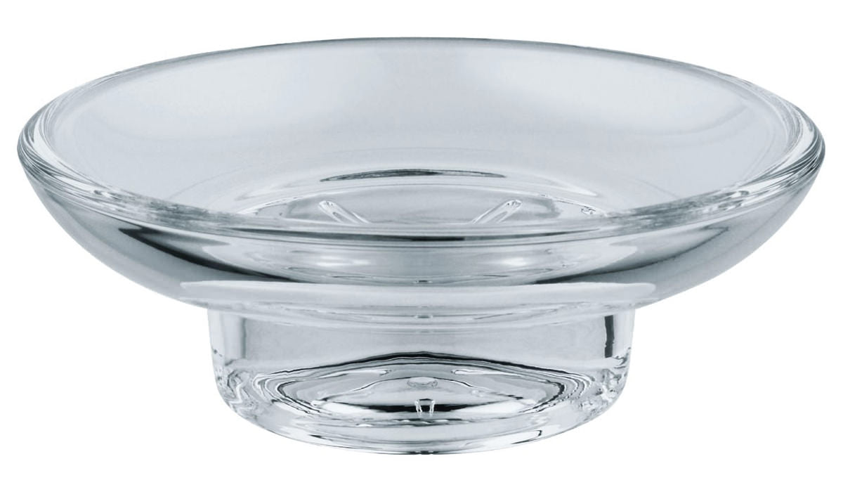 Contemporary round glass soap dish by Grohe Essentials, slimline design, 110x110mm, shown mounted on bathroom wall.