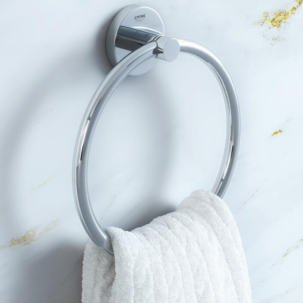 Chrome Grohe Essentials towel ring mounted on bathroom wall, modern bathroom fixture for hanging towels, by Tuskan Tiles