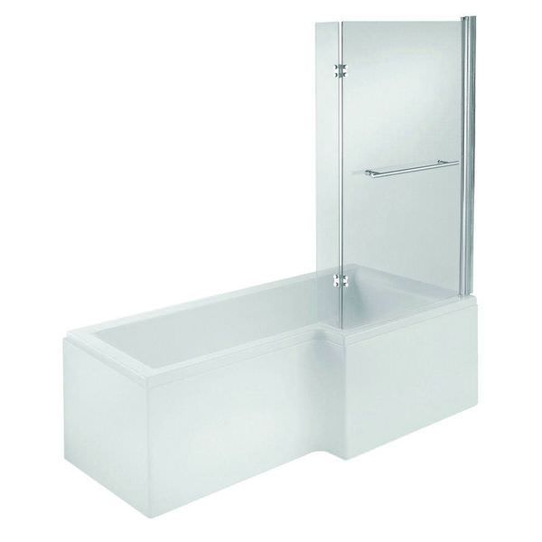 Trojan Elite L-shaped shower bath with cast acrylic base, measuring 1675 x 850mm, shown with encapsulated baseboard.