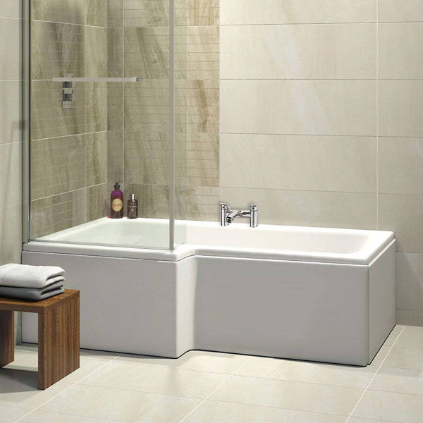 Trojan Elite L-shaped shower bath with cast acrylic baseboard, 1675 x 850mm, featuring encapsulated baseboard for durability.