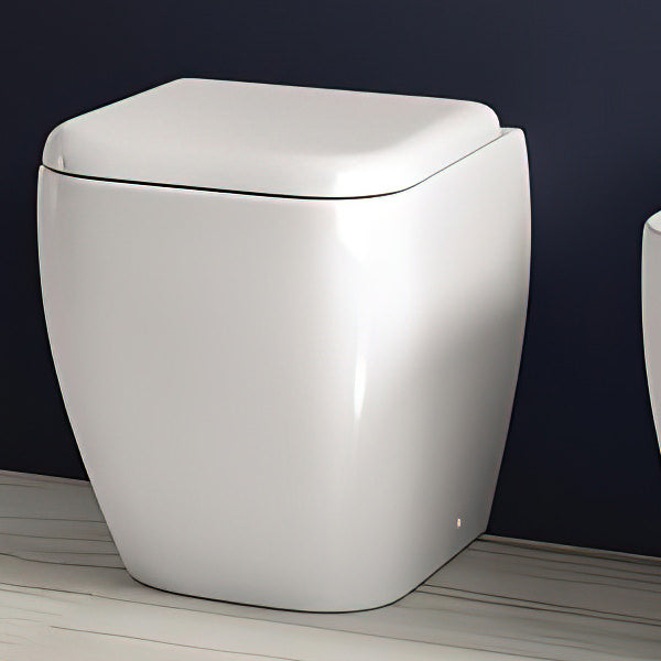 White RAK Metropolitan back-to-wall square WC pan with soft-close seat, 375mm projection, ideal for modern bathrooms.