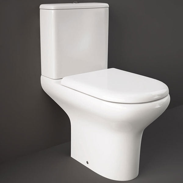 White RAK Compact Full Access close-coupled WC pack with urea soft-close seat, measuring 365x615mm, by Tuskan Tiles.