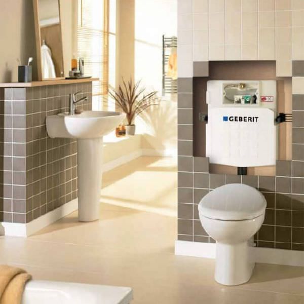 Geberit Sigma UP320 dual flush concealed cistern in white, 3 and 5.8-litre capacity, shown in a bathroom setting.