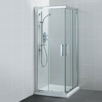 Ideal Standard Synergy sliding corner shower enclosure with two doors and silver frame, measuring 1000 x 1900mm.