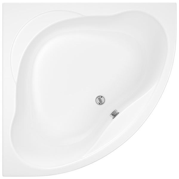 Trojan Laguna white corner bath with lucite acrylic baseboard, featuring sleek design and smooth surface for modern bathroom use.