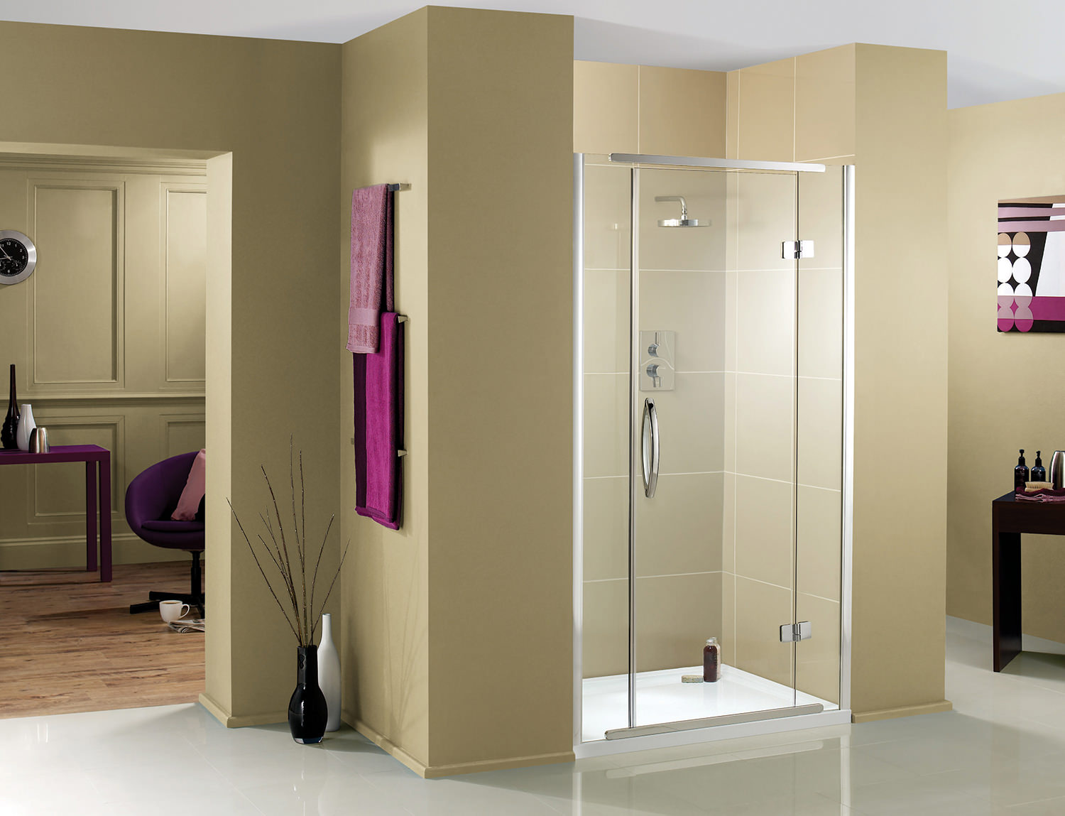 Aquadart Hinged Recess Shower Door with Inline Panels - Silver Framed - Reversible
