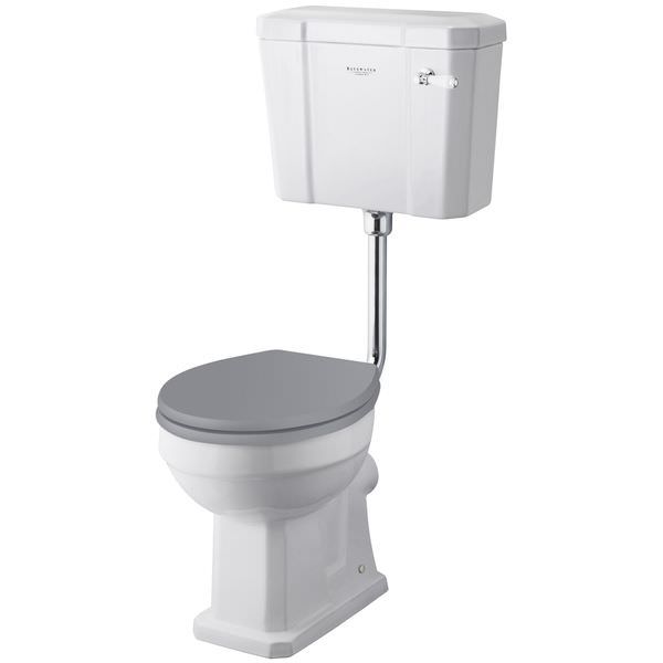 White Bayswater Fitzroy Comfort Height WC pan with open back and low-level cistern, measuring 474 x 515mm, by Tuskan Tiles.