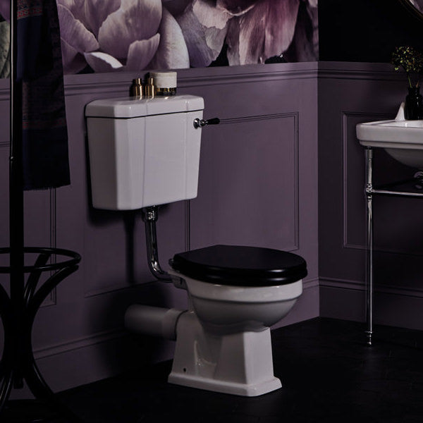 White Bayswater Fitzroy comfort height WC pan with open back and low level cistern, measuring 474x515mm, by Tuskan Tiles.