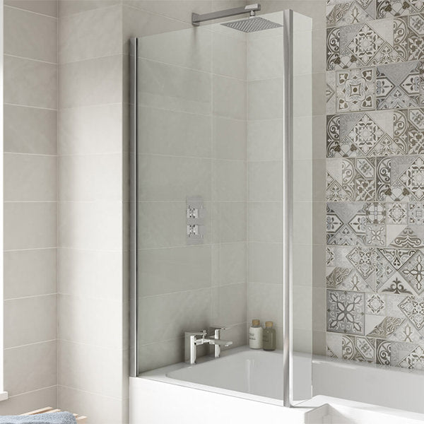 Nuie Square White Acrylic L-Shaped Bath with Shower Screen and Front Panel, modern bathroom fixture by Tuskan Tiles