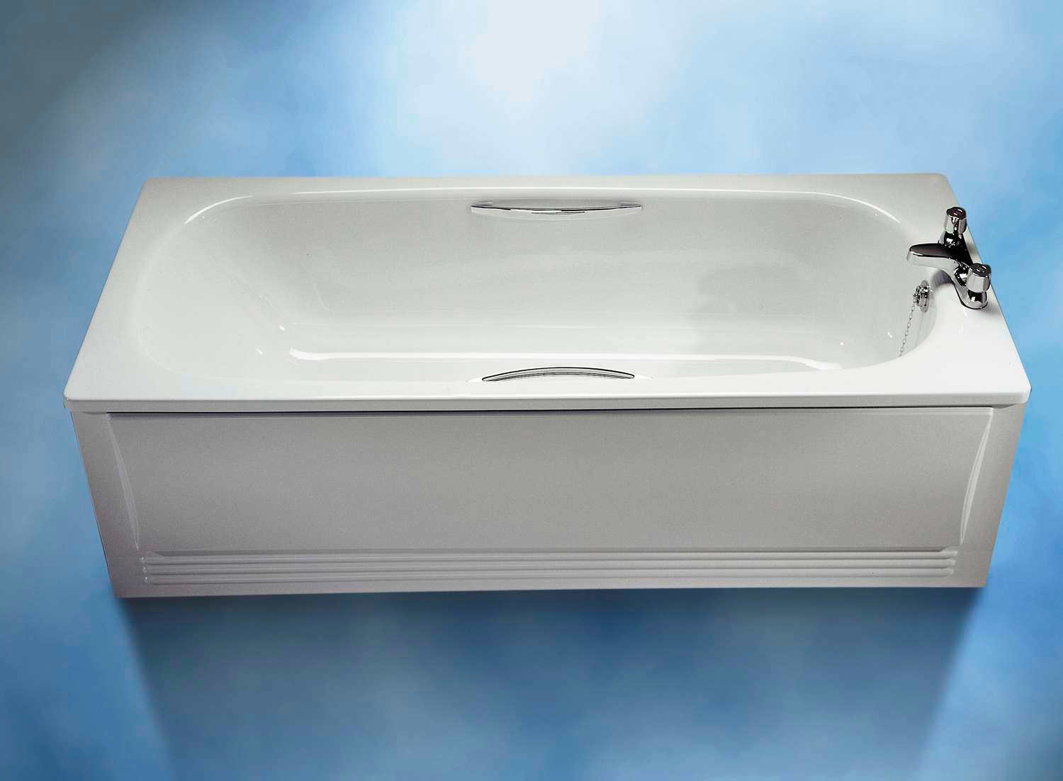 Twyford Celtic white steel single-ended bath with legs and grips, ideal for bathroom renovation or installation.