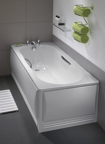 Twyford Celtic white steel single-ended bath with legs and grips, ideal for classic bathroom setups.