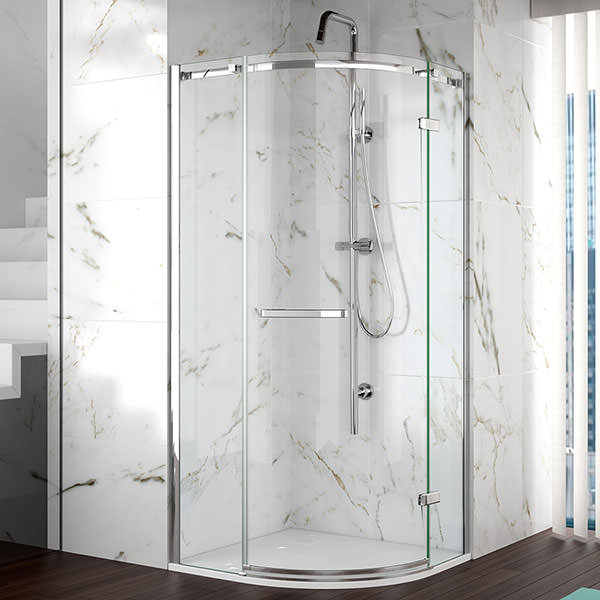 Tuskan Tiles Merlyn 8-Series frameless quadrant shower enclosure with reversible hinged door, 800mm width, 2000mm high.