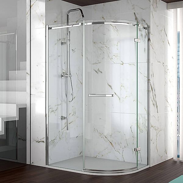 Merlyn 8-Series frameless quadrant shower enclosure with reversible hinged door, 2000mm high, 800mm width, clear glass.