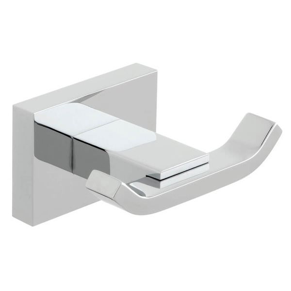 Vado Level contemporary chrome double towel hook by Tuskan Tiles, wall-mounted with sleek modern design and two hooks for towels.