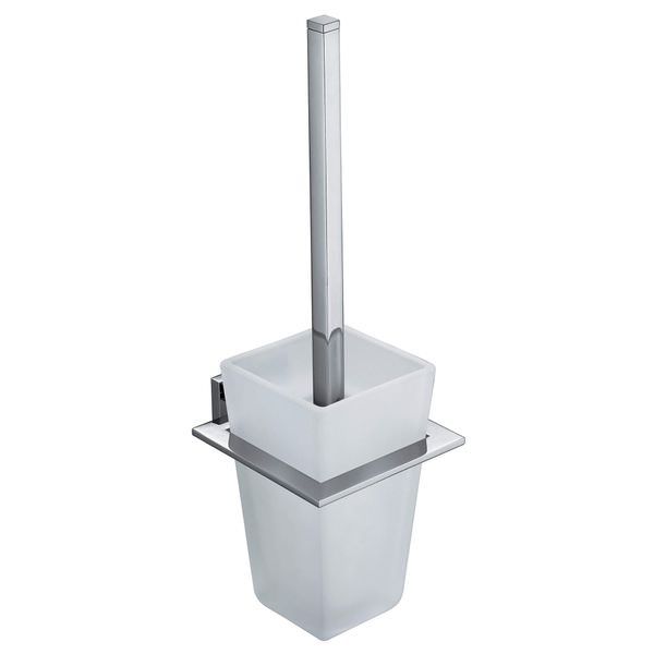 Wall-mounted chrome Vado Level toilet cleaning set with sleek design, including brush holder and cleaning brush, by Tuskan Tiles.