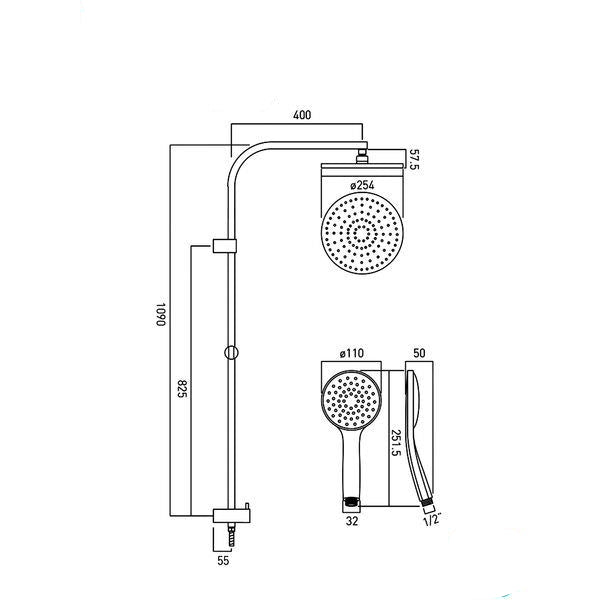 Vado Chrome Rigid Riser Kit with Handset and Shower Head - 1090mm High