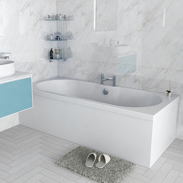 White double-ended bath from IMEX Wave Imexcast by Tuskan Tiles, 1800 x 800mm with leg set, shown from side view.