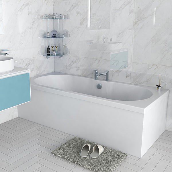 White double-ended bath from IMEX Wave Imexcast by Tuskan Tiles, 1800 x 800mm with leg set, shown from side view.