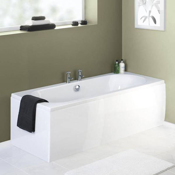 White acrylic bath front panel by Tuskan Tiles, straight design, suitable for modern bathroom tubs, shown on a clean, tiled background.