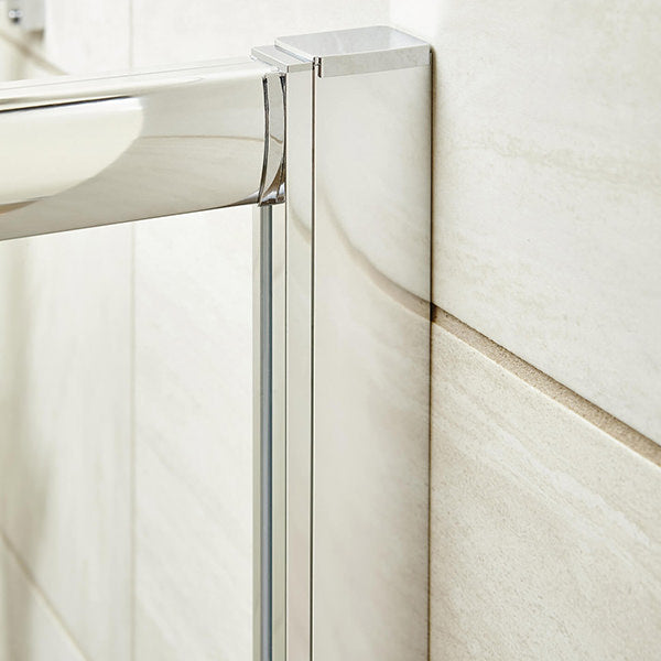 Nuie Pacific D-Shaped Quadrant Shower Enclosure with 2 sliding doors in chrome, measuring 1050 x 925mm.