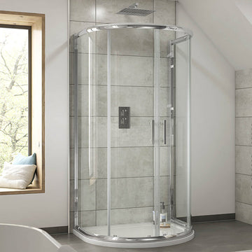 Nuie Pacific D-Shaped Quadrant Shower Enclosure with 2 sliding doors, chrome finish, 1050 x 925mm for Tuskan Tiles.
