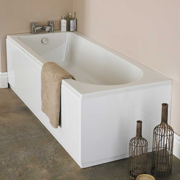 White acrylic Barmby round single-ended straight bath by Tuskan Tiles, 4mm thick, with smooth curved edges and sleek design.