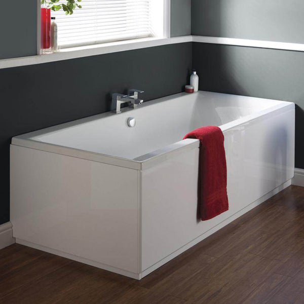 White acrylic Nuie Asselby double-ended square bath with legs, 4mm thick, un-drilled, ideal for modern bathroom setups.