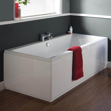 White acrylic Nuie Asselby double-ended square bath with legs, 4mm thick, un-drilled, ideal for modern bathroom setups.