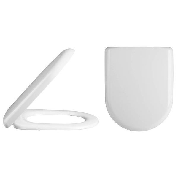 White Nuie D-shaped soft close toilet seat and cover, top fix, standard size 367x465mm, designed for comfort and quiet closure.