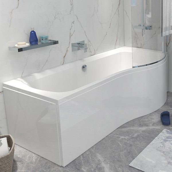 Tuskan Tiles IMEX Ronda cast P-shaped shower bath with leg set, un-drilled, shown with clean white finish and sleek design.